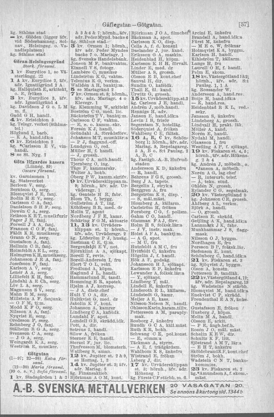 Peder Myndes Daelander J, jur. kand. Holmqvist K A, byggm. backe 7 o. Mariagr. ). Errksson G A, maskin. Karlson H, handl, äg. Svenska Handelsbank. Heldenblad H, köpm. Kihlström T, källarm.