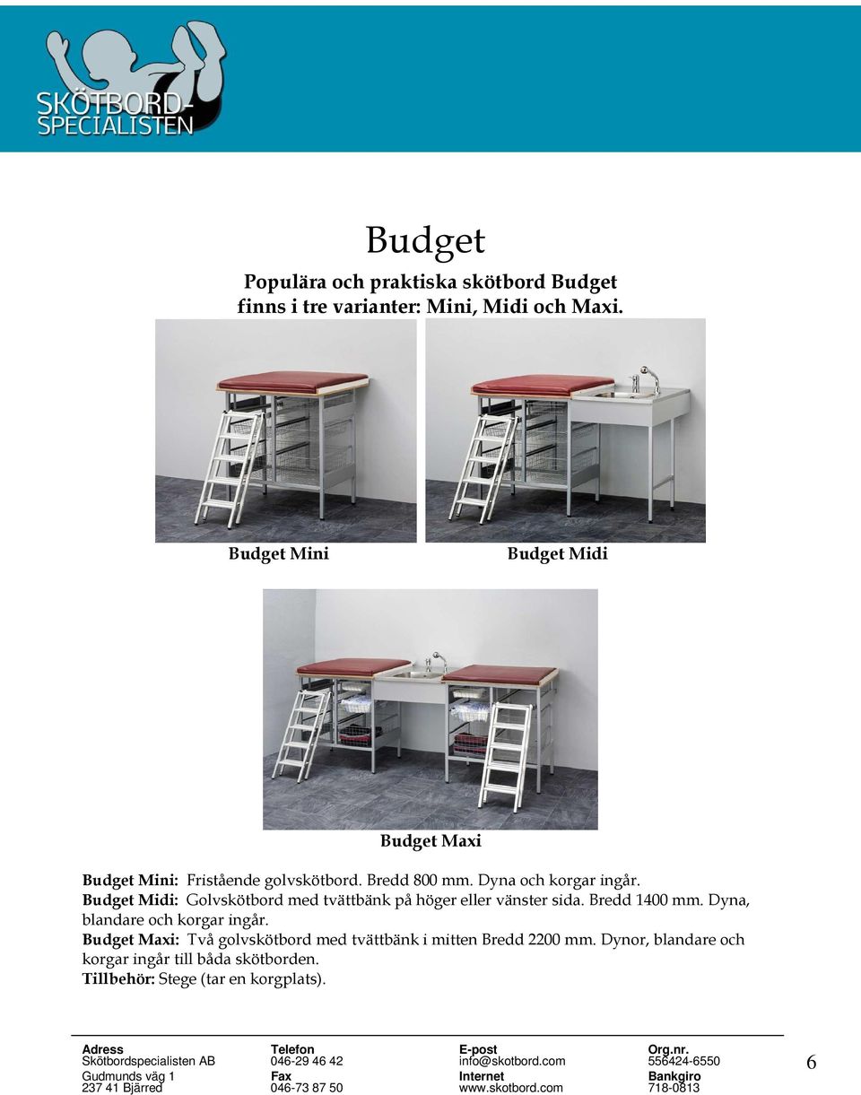 Budget Midi: Golvskötbord med tvättbänk på höger eller vänster sida. Bredd 1400 mm. Dyna, blandare och korgar ingår.