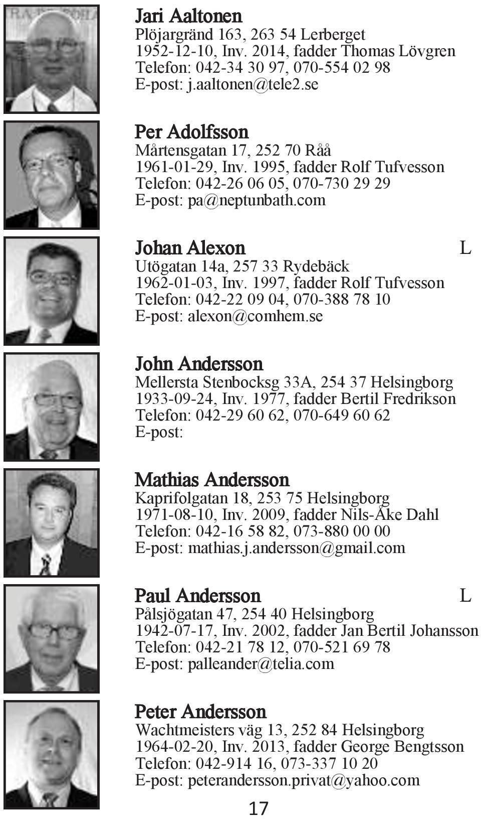com Johan Alexon Utögatan 14a, 257 33 Rydebäck 1962-01-03, Inv. 1997, fadder Rolf Tufvesson Telefon: 042-22 09 04, 070-388 78 10 E-post: alexon@comhem.