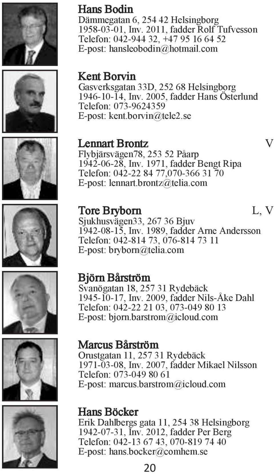 se ennart Brontz Flybjärsvägen78, 253 52 Påarp 1942-06-28, Inv. 1971, fadder Bengt Ripa Telefon: 042-22 84 77,070-366 31 70 E-post: lennart.brontz@telia.