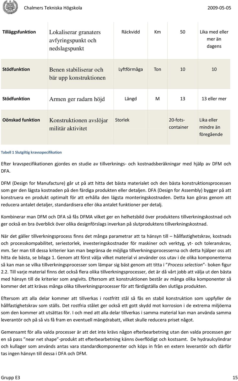 kravsopecifikation Efter kravspecifikationen gjordes en studie av tillverknings- och kostnadsberäkningar med hjälp av DFM och DFA.