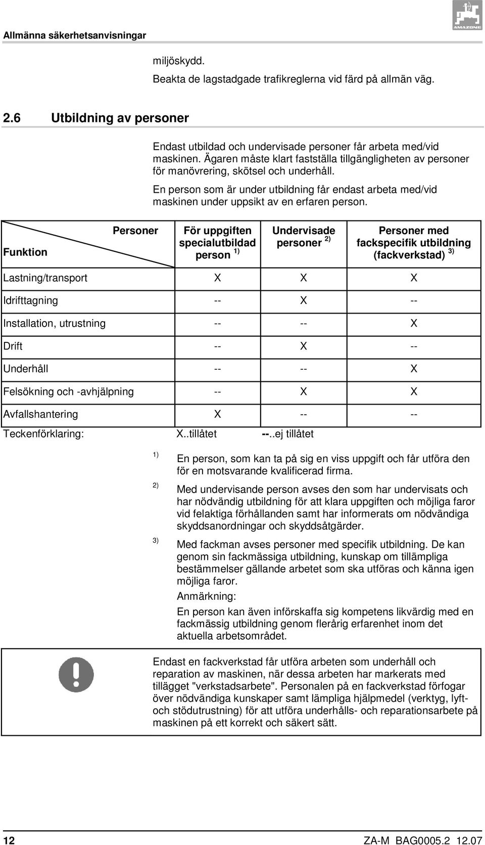 En person som är under utbildning får endast arbeta med/vid maskinen under uppsikt av en erfaren person.