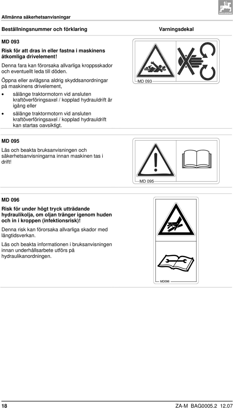 Öppna eller avlägsna aldrig skyddsanordningar på maskinens drivelement, sålänge traktormotorn vid ansluten kraftöverföringsaxel / kopplad hydrauldrift är igång eller sålänge traktormotorn vid