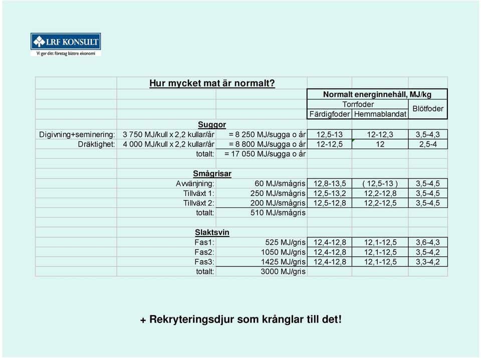 Dräktighet: 4 000 MJ/kull x 2,2 kullar/år = 8 800 MJ/sugga o år 12-12,5 12 2,5-4 totalt: = 17 050 MJ/sugga o år Smågrisar Avvänjning: 60 MJ/smågris 12,8-13,5 ( 12,5-13 ) 3,5-4,5