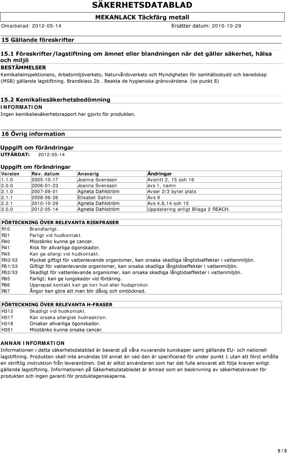 samhällsskydd och beredskap (MSB) gällande lagstiftning. Brandklass 2b. Beakta de hygieniska gränsvärdena. (se punkt 8) 15.