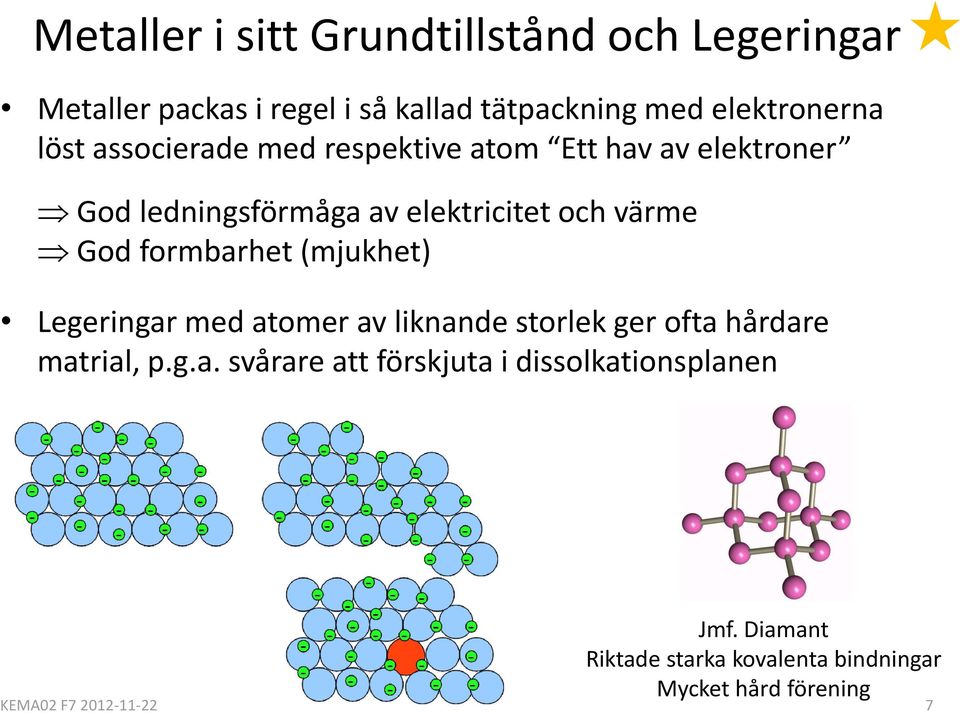 formbarhet (mjukhet) Legeringar med atomer av liknande storlek ger ofta hårdare matrial, p.g.a. svårare att förskjuta i dissolkationsplanen Jmf.