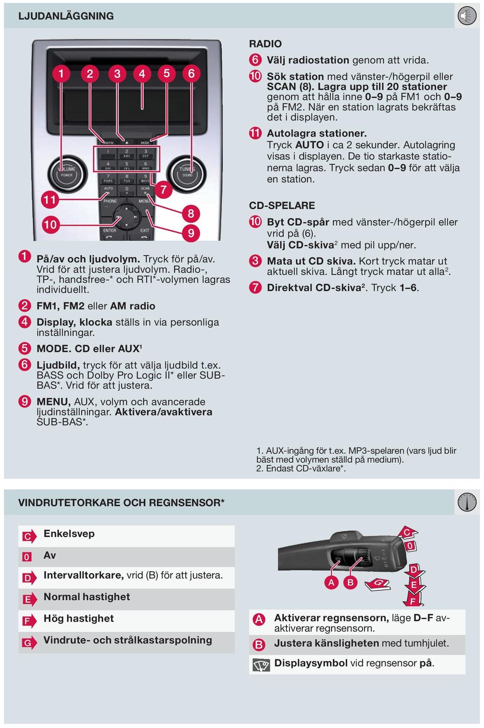 Tryck sedan 0 9 för att välja en station. 1 På/av och ljudvolym. Tryck för på/av. Vrid för att justera ljudvolym. Radio-, TP-, handsfree-* och RTI*-volymen lagras individuellt.