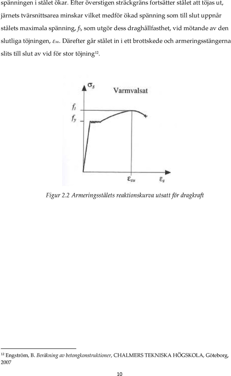 uppnår stålets maximala spänning, ft, som utgör dess draghållfasthet, vid mötande av den slutliga töjningen, εsu.