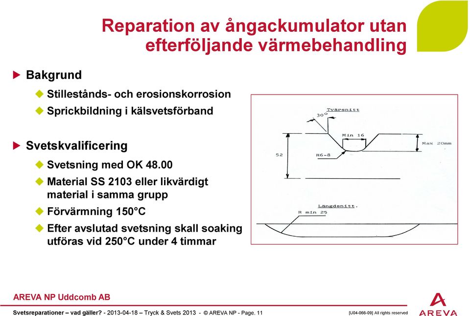 00 Material SS 2103 eller likvärdigt material i samma grupp Förvärmning 150 C Efter avslutad svetsning