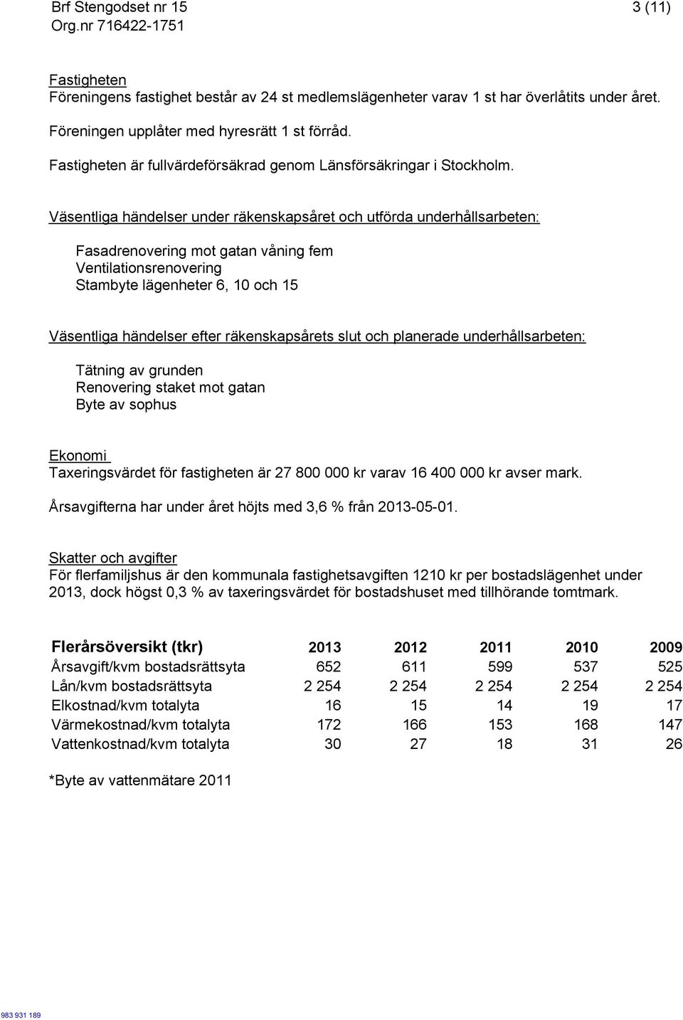 Väsentliga händelser under räkenskapsåret och utförda underhållsarbeten: Fasadrenovering mot gatan våning fem Ventilationsrenovering Stambyte lägenheter 6, 10 och 15 Väsentliga händelser efter