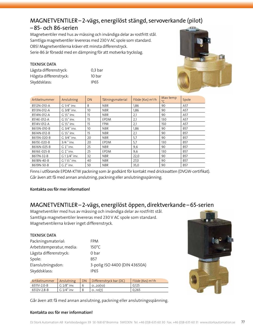 Lägsta differenstryck: Högsta differenstryck: 0,3 bar 10 bar Artikelnummer Anslutning DN Tätningsmaterial Flöde (Kvs) m 3 /h Max temp C Spole 8512N-010-A G 1/4" inv.