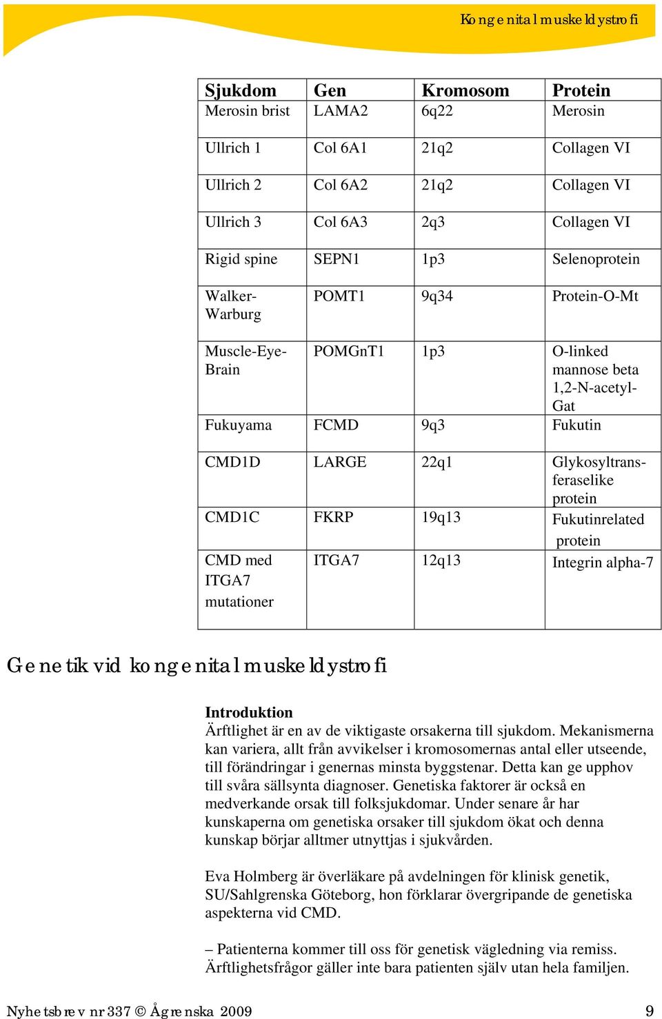 CMD1C FKRP 19q13 Fukutinrelated protein CMD med ITGA7 mutationer ITGA7 12q13 Integrin alpha-7 Genetik vid kongenital muskeldystrofi Introduktion Ärftlighet är en av de viktigaste orsakerna till