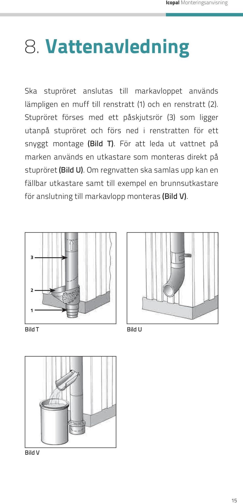 Stupröret förses med ett påskjutsrör (3) som ligger utanpå stupröret och förs ned i renstratten för ett snyggt montage (Bild T).