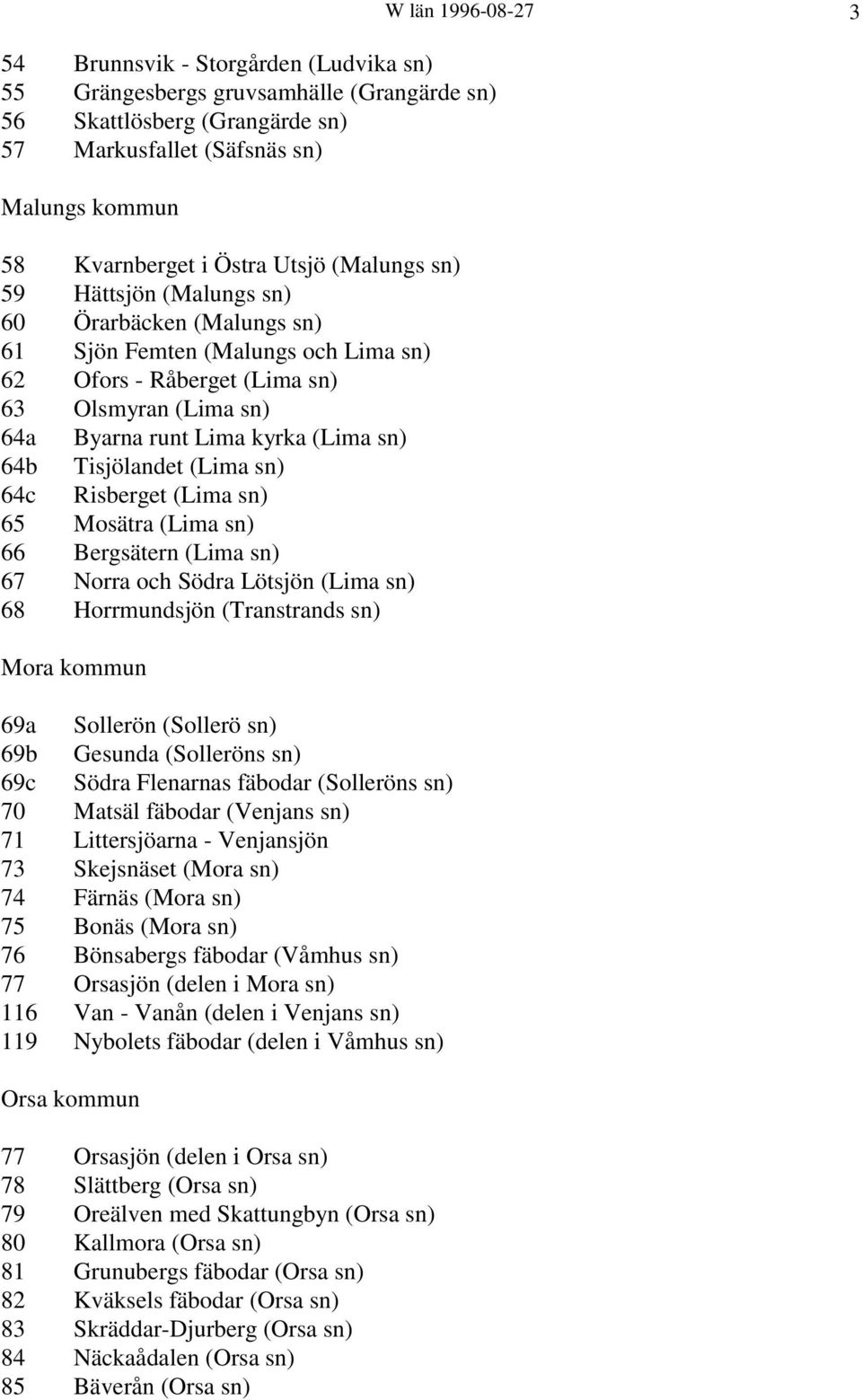 (Lima sn) 64c Risberget (Lima sn) 65 Mosätra (Lima sn) 66 Bergsätern (Lima sn) 67 Norra och Södra Lötsjön (Lima sn) 68 Horrmundsjön (Transtrands sn) Mora kommun 69a Sollerön (Sollerö sn) 69b Gesunda