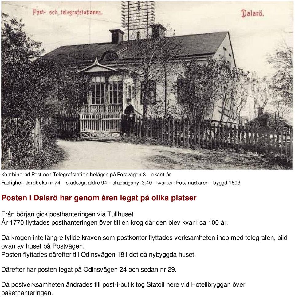 Då krogen inte längre fyllde kraven som postkontor flyttades verksamheten ihop med telegrafen, bild ovan av huset på Postvägen.