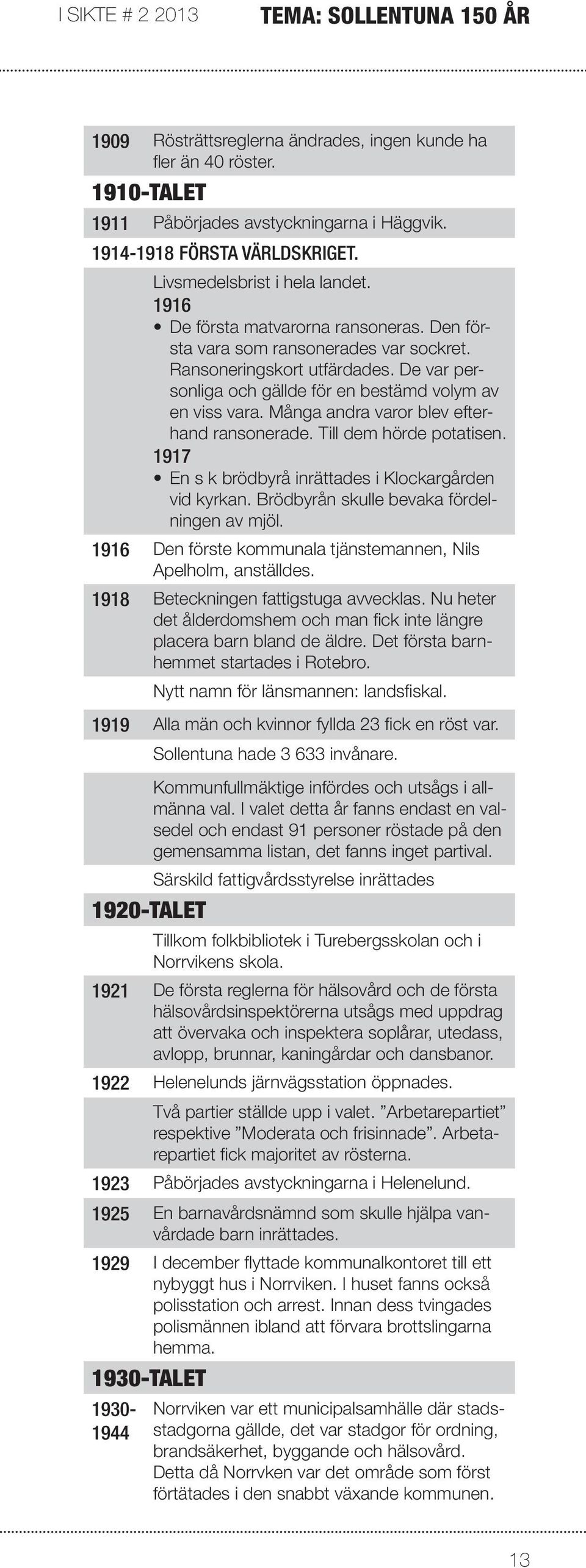 De var personliga och gällde för en bestämd volym av en viss vara. Många andra varor blev efterhand ransonerade. Till dem hörde potatisen. 1917 En s k brödbyrå inrättades i Klockargården vid kyrkan.