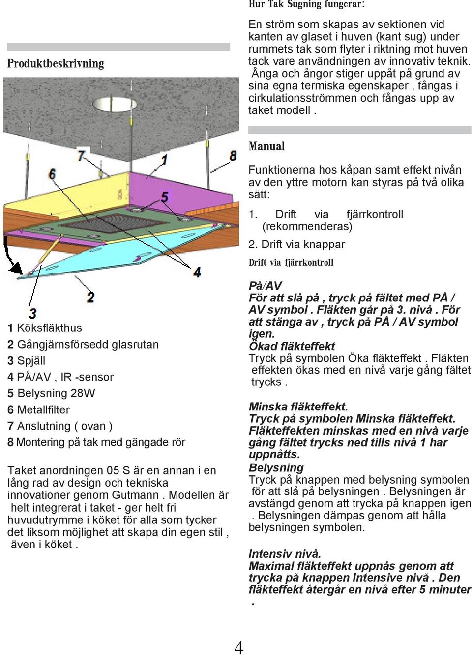 Manual Funktionerna hos kåpan samt effekt nivån av den yttre motorn kan styras på två olika sätt: 1. Drift via fjärrkontroll (rekommenderas) 2.