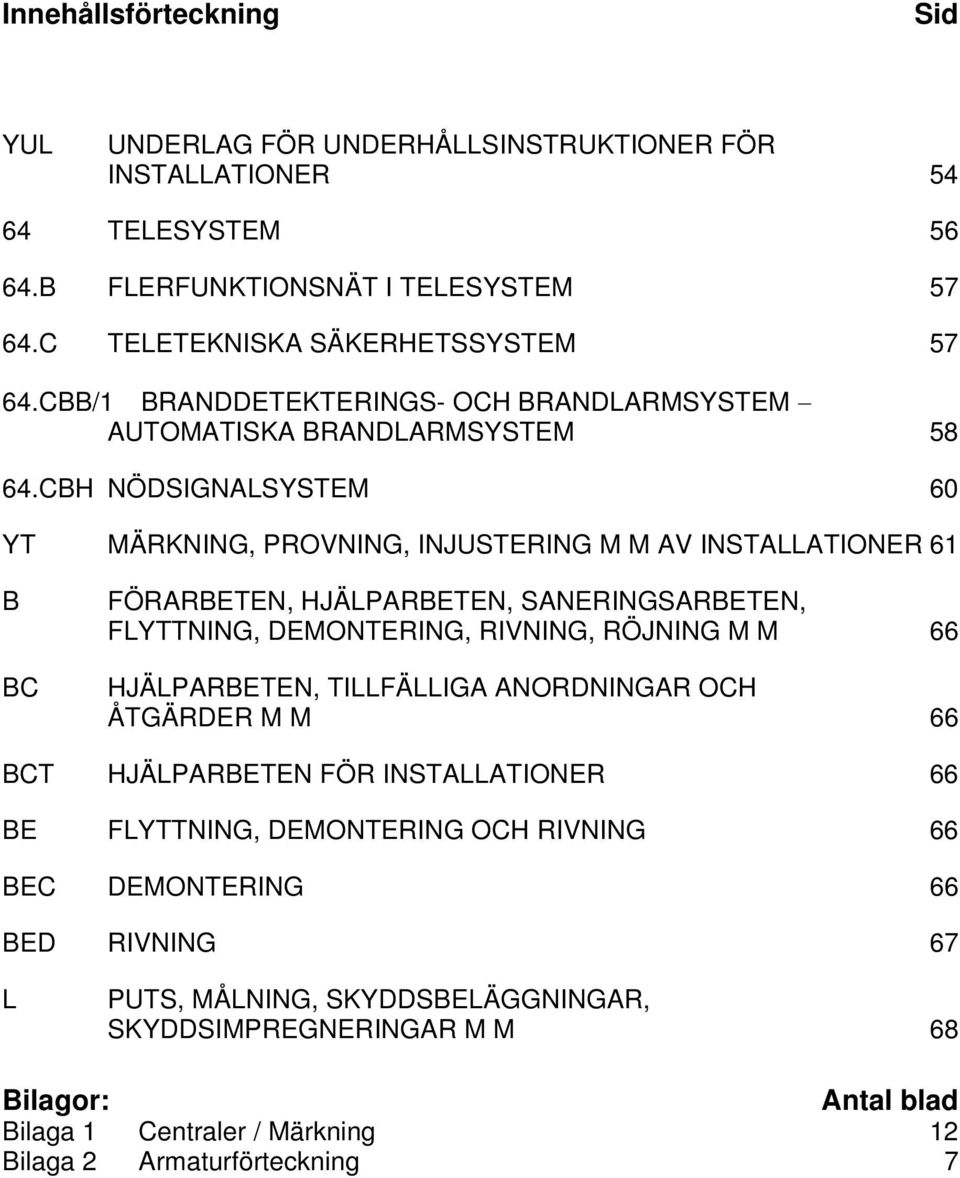 CBH NÖDSIGNALSYSTEM 60 YT MÄRKNING, PROVNING, INJUSTERING M M AV INSTALLATIONER 61 B BC FÖRARBETEN, HJÄLPARBETEN, SANERINGSARBETEN, FLYTTNING, DEMONTERING, RIVNING, RÖJNING M M 66