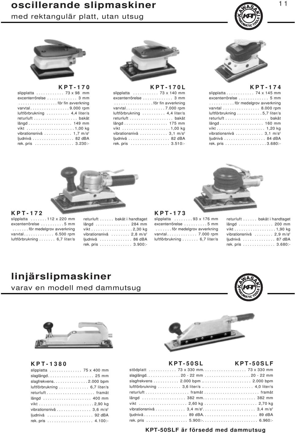 pris................. 3.230:- KPT-170L slipplatta........... 73 x 140 mm excenterrörelse............. 3 mm................. för fin avverkning varvtal................. 7.000 rpm luftförbrukning.