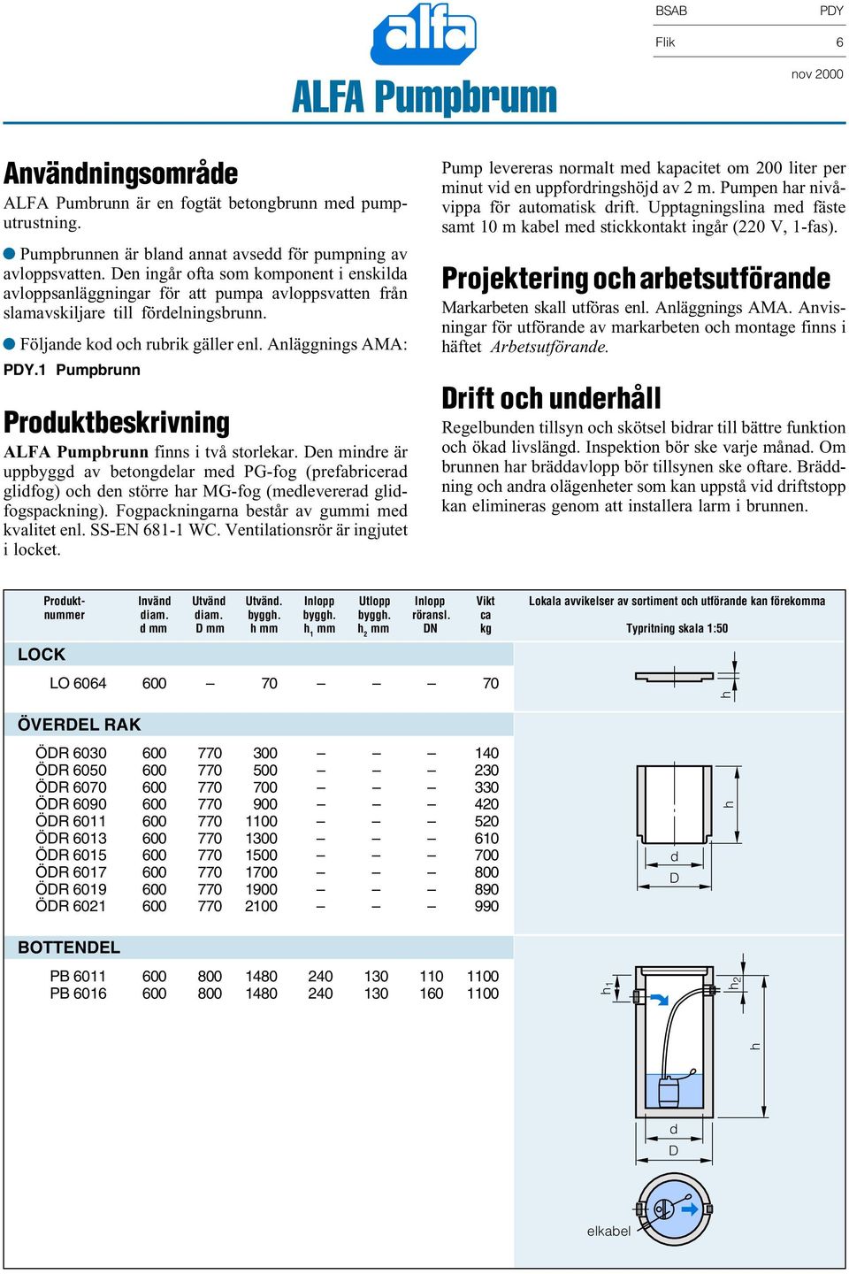 1 Pumpbrunn Prouktbeskrivning ALFA Pumpbrunn finns i två storlekar. en minre är uppbygg av betongelar me PG-fog (prefabricera glifog) oc en större ar MG-fog (meleverera glifogspackning).