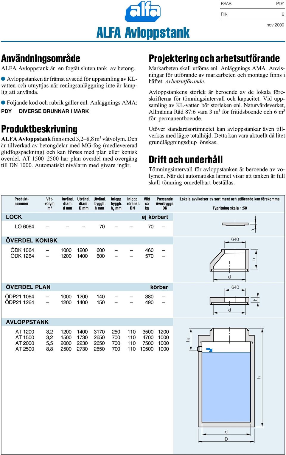 Anläggnings AMA: PY IVERSE BRUNNAR I MARK Prouktbeskrivning ALFA Avloppstank finns me 3,2 8,8 m 3 våtvolym.