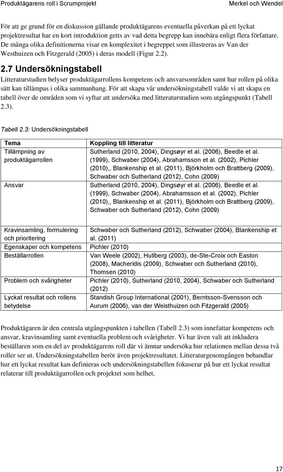 2). 2.7 Undersökningstabell Litteraturstudien belyser produktägarrollens kompetens och ansvarsområden samt hur rollen på olika sätt kan tillämpas i olika sammanhang.