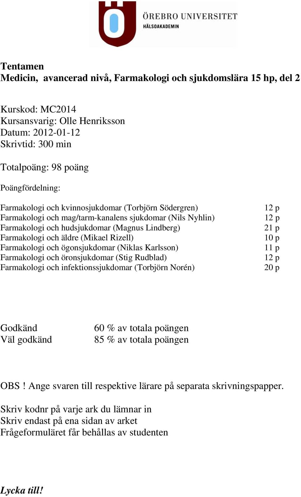 Farmakologi och ögonsjukdomar (Niklas Karlsson) Farmakologi och öronsjukdomar (Stig Rudblad) Farmakologi och infektionssjukdomar (Torbjörn Norén) 12 p 12 p 21 p 10 p 11 p 12 p 20 p Godkänd Väl