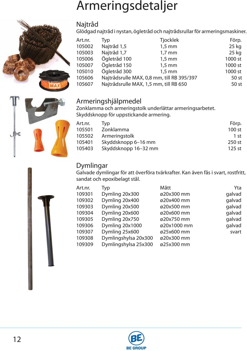 mm, till RB 395/397 50 st 105607 Najtrådsrulle MAX, 1,5 mm, till RB 650 50 st Armeringshjälpmedel Zonklamma och armeringstolk underlättar armeringsarbetet. Skyddsknopp för uppstickande armering. Art.