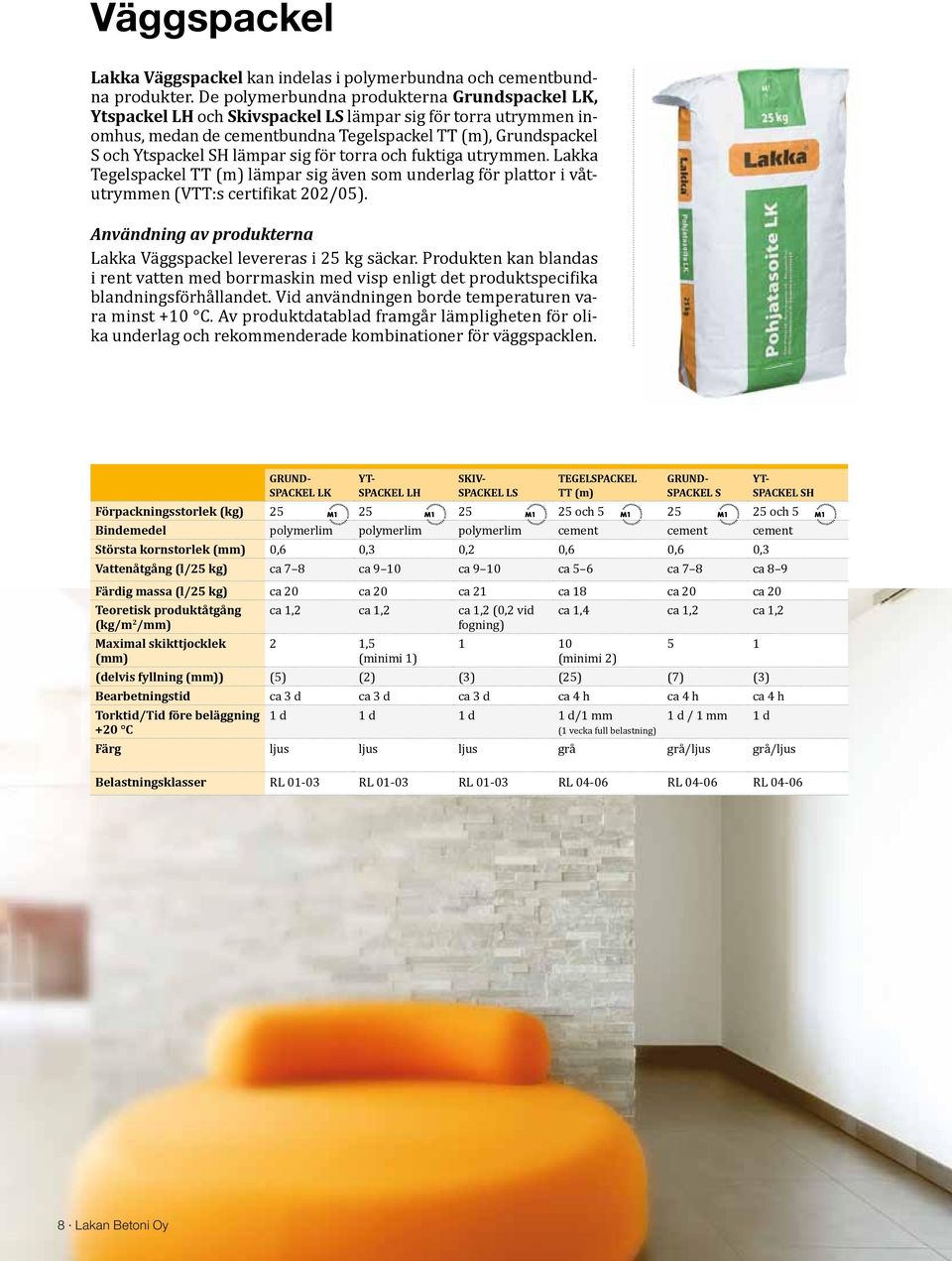 sig för torra och fuktiga utrymmen. Lakka Tegelspackel TT (m) lämpar sig även som underlag för plattor i våtutrymmen (VTT:s certifikat 202/05). Lakka Väggspackel levereras i 25 kg säckar.