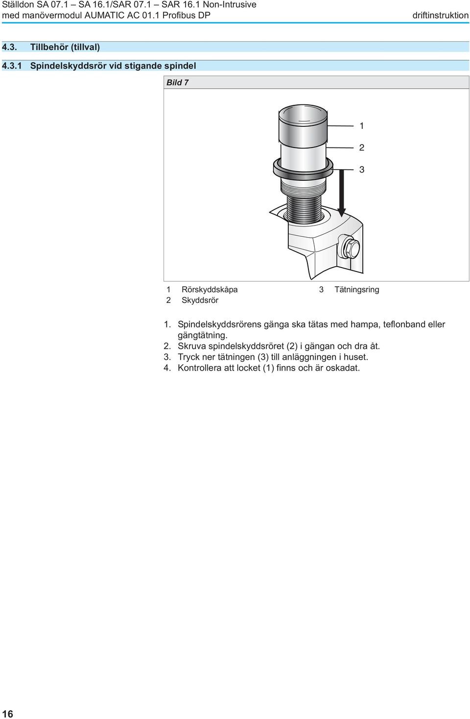 1 Spindelskyddsrör vid stigande spindel Bild 7 1 2 3 1 Rörskyddskåpa 3 Tätningsring 2 Skyddsrör 1.
