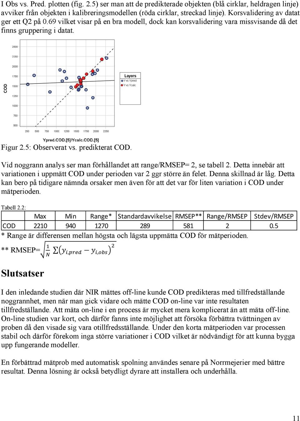 Vid noggrann analys ser man förhållandet att range/rmsep= 2, se tabell 2. Detta innebär att variationen i uppmätt COD under perioden var 2 ggr större än felet. Denna skillnad är låg.