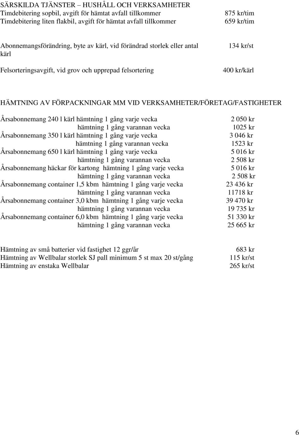VERKSAMHETER/FÖRETAG/FASTIGHETER Årsabonnemang 240 l kärl hämtning 1 gång varje vecka Årsabonnemang 350 l kärl hämtning 1 gång varje vecka Årsabonnemang 650 l kärl hämtning 1 gång varje vecka