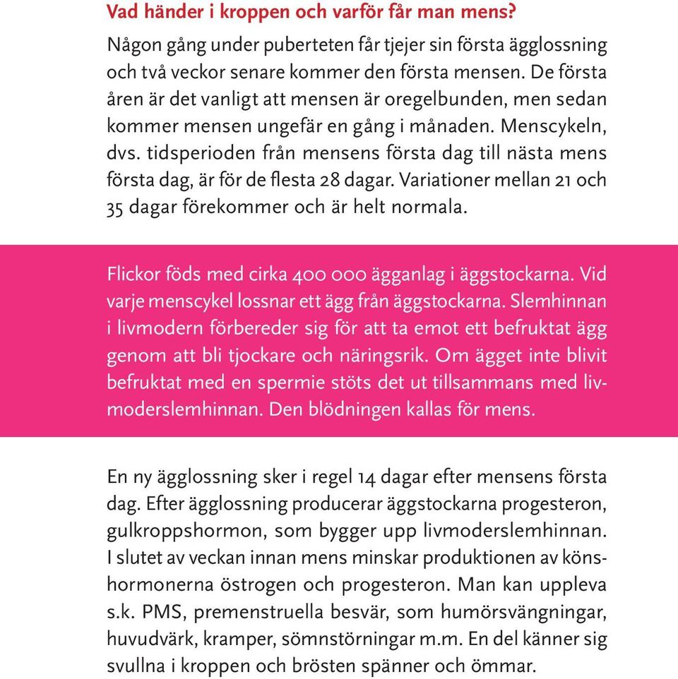 tidsperioden från mensens första dag till nästa mens första dag, är för de flesta 28 dagar. Variationer mellan 21 och 35 dagar förekommer och är helt normala.