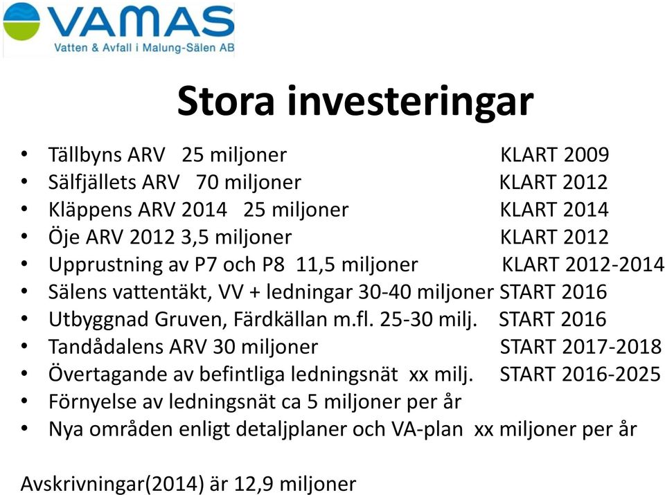 Gruven, Färdkällan m.fl. 25-30 milj. START 2016 Tandådalens ARV 30 miljoner START 2017-2018 Övertagande av befintliga ledningsnät xx milj.