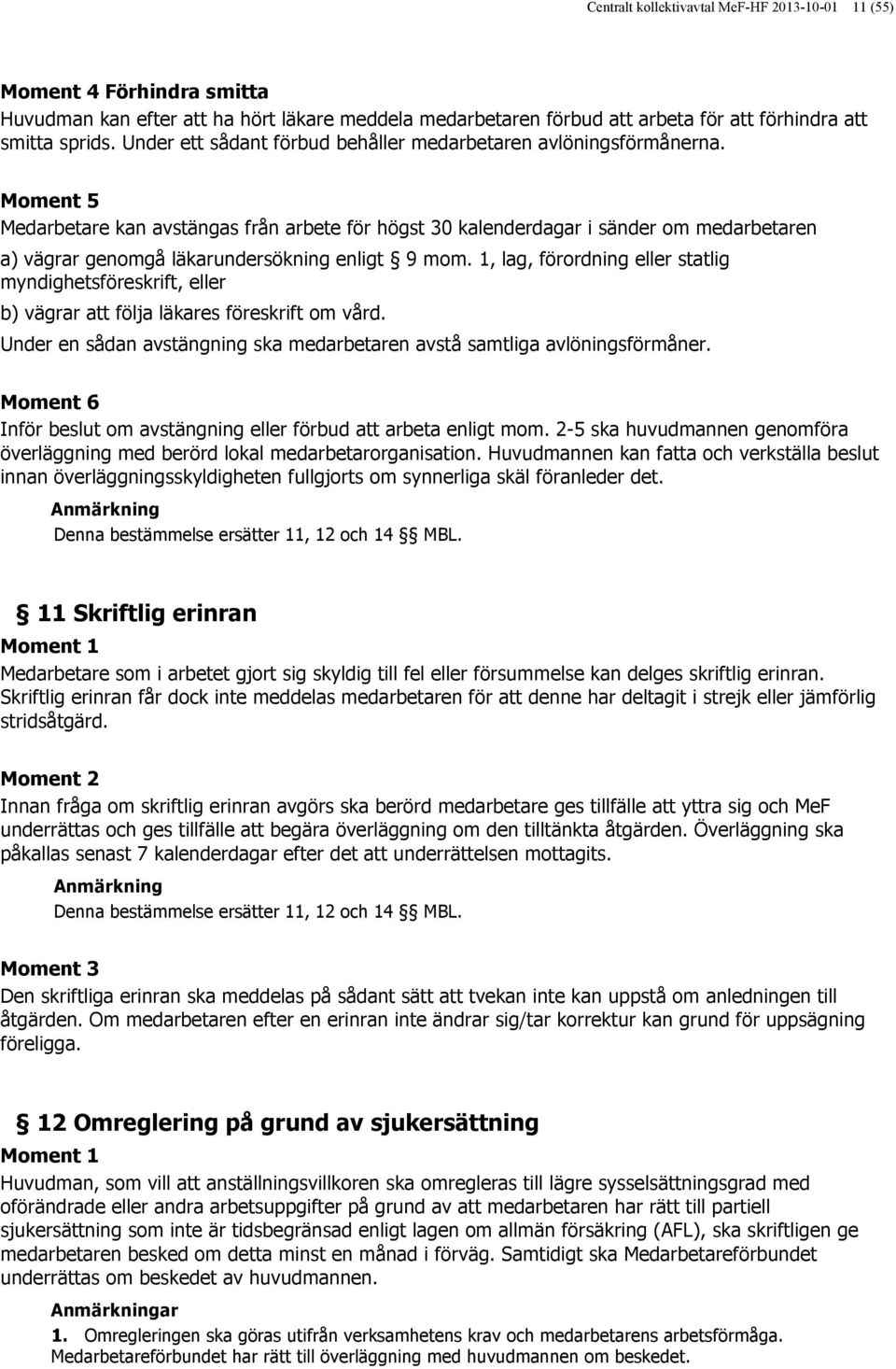 Moment 5 Medarbetare kan avstängas från arbete för högst 30 kalenderdagar i sänder om medarbetaren a) vägrar genomgå läkarundersökning enligt 9 mom.