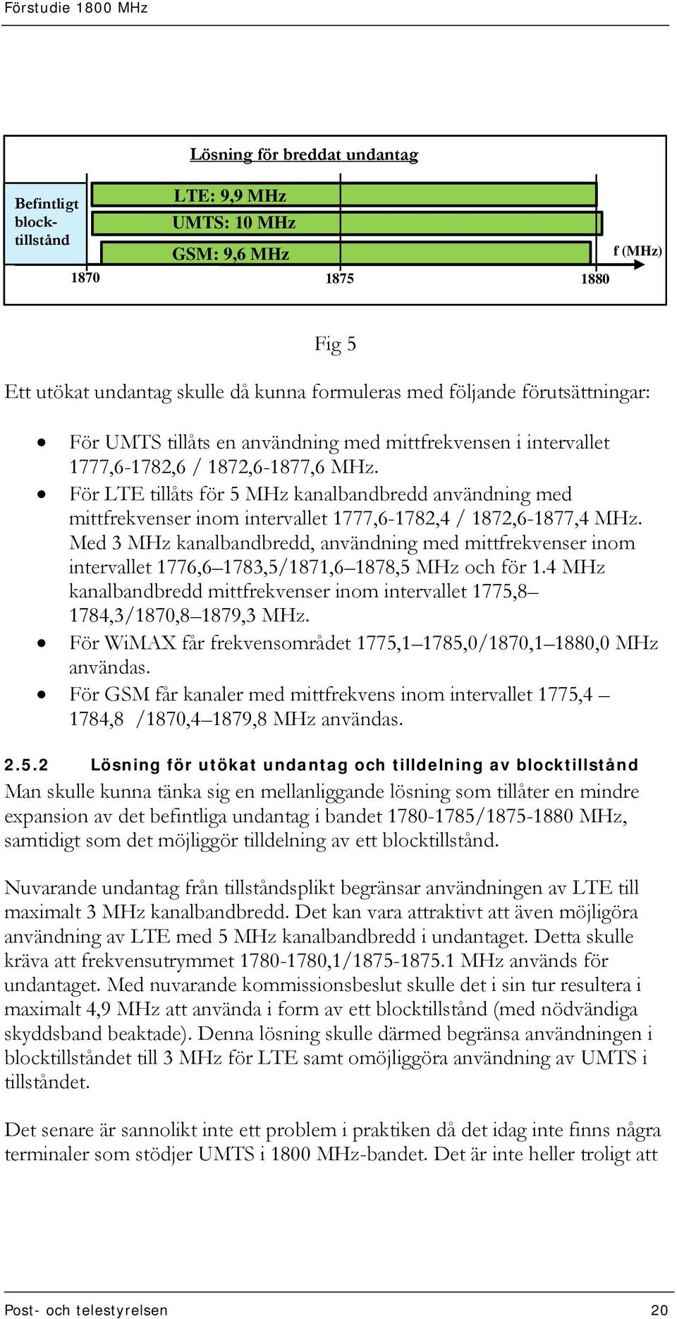 För LTE tillåts för 5 MHz kanalbandbredd användning med mittfrekvenser inom intervallet 1777,6-1782,4 / 1872,6-1877,4 MHz.