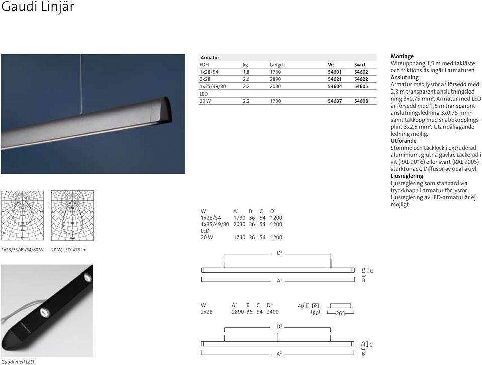 Anslutning Armatur med lysrör är försedd med 2,3 m transparent anslutningsledning 3x0,75 mm².