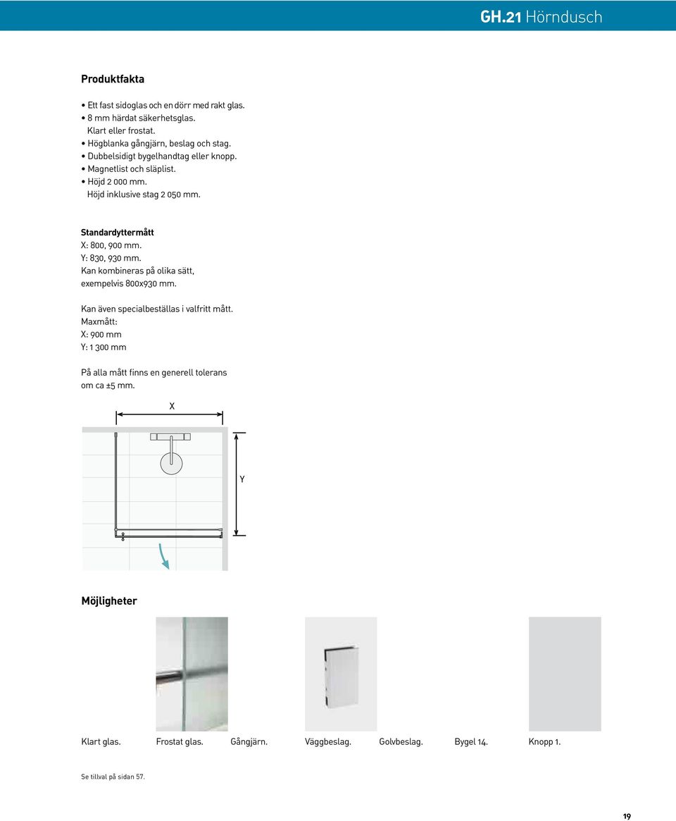 Standardyttermått X: 800, 900 mm. Y: 830, 930 mm. Kan kombineras på olika sätt, exempelvis 800x930 mm.