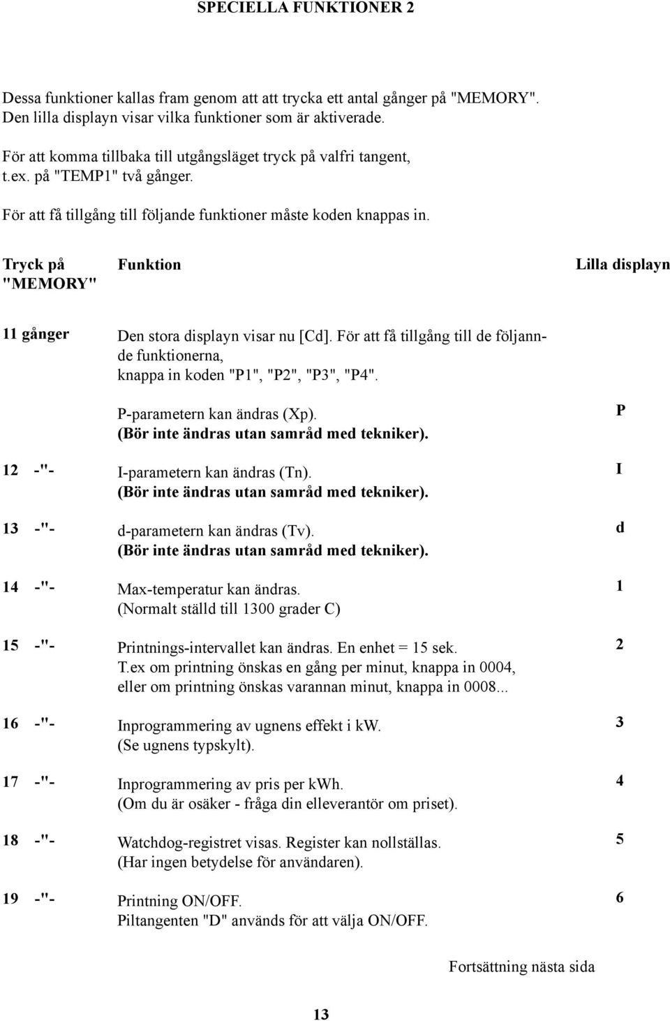 Tryck på "MEMORY" Funktion Lilla displayn 11 gånger 12 -"- 13 -"- 14 -"- 15 -"- 16 -"- 17 -"- 18 -"- 19 -"- Den stora displayn visar nu [Cd].