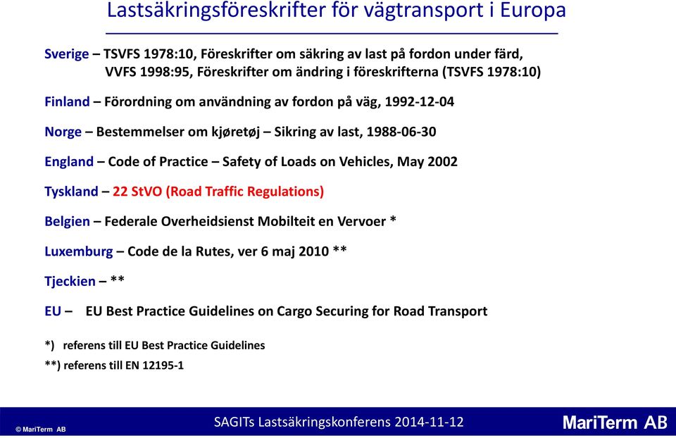 Tyskland 22 StVO (Road Traffic Regulations) Belgien Federale Overheidsienst Mobilteit en Vervoer * Luxemburg Codede la Rutes, ver 6 maj 2010 ** Tjeckien **