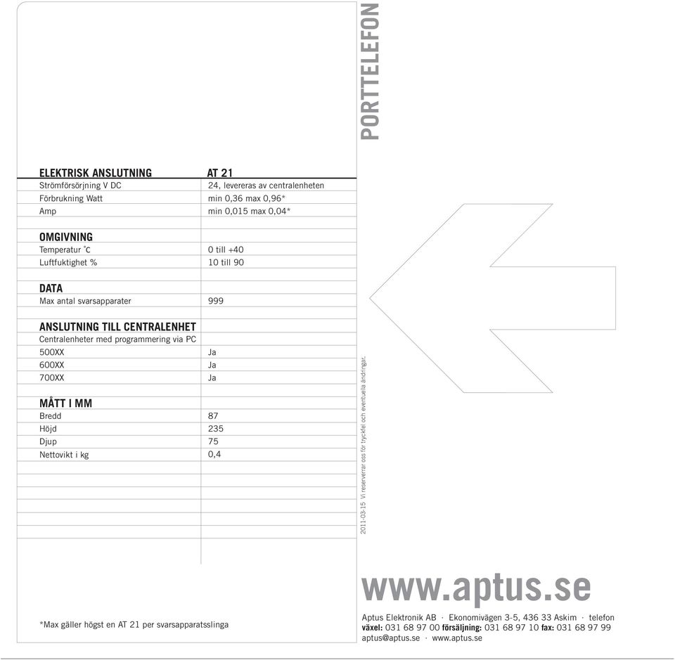 700XX MÅTT I MM Bredd 87 Höjd 235 Djup 75 Nettovikt i kg 0,4 Ja Ja Ja 20-03-5 Vi reserverrar oss för tryckfel och eventuella ändringar. www.aptus.