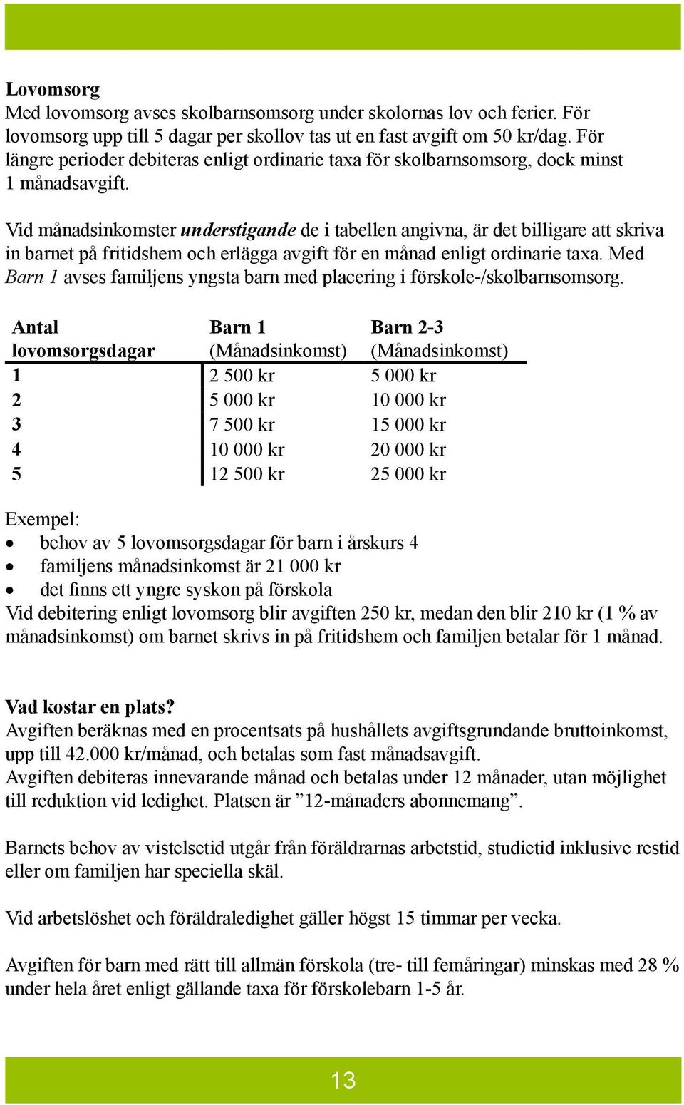 Vid månadsinkomster understigande de i tabellen angivna, är det billigare att skriva in barnet på fritidshem och erlägga avgift för en månad enligt ordinarie taxa.