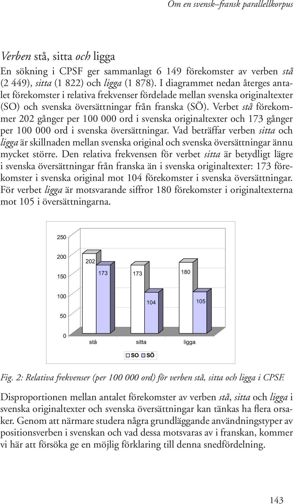 Verbet stå förekommer 202 gånger per 100 000 ord i svenska originaltexter och 173 gånger per 100 000 ord i svenska översättningar.