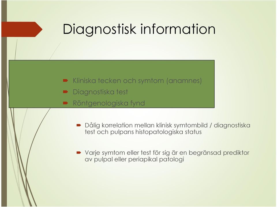 diagnostiska test och pulpans histopatologiska status Varje symtom eller