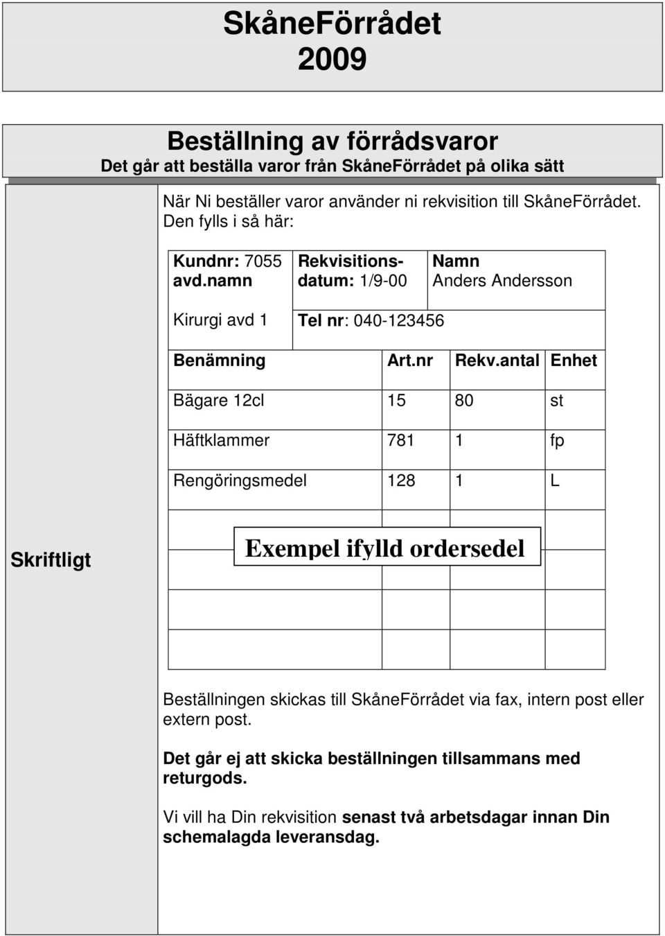 antal Enhet Bägare 12cl 15 80 st Häftklammer 781 1 fp Rengöringsmedel 128 1 L Skriftligt Exempel ifylld ordersedel Beställningen skickas till SkåneFörrådet via