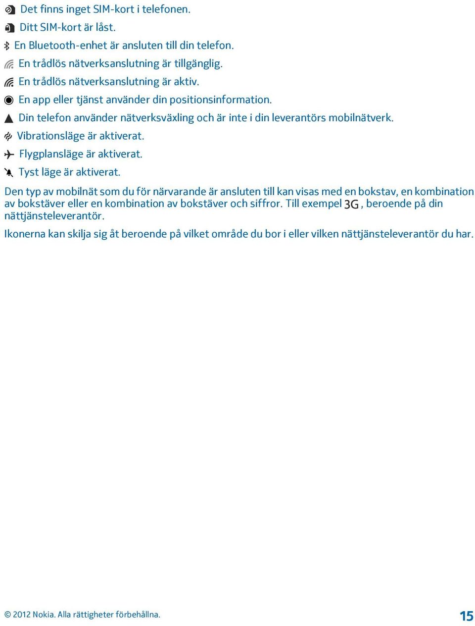 Vibrationsläge är aktiverat. Flygplansläge är aktiverat. Tyst läge är aktiverat.