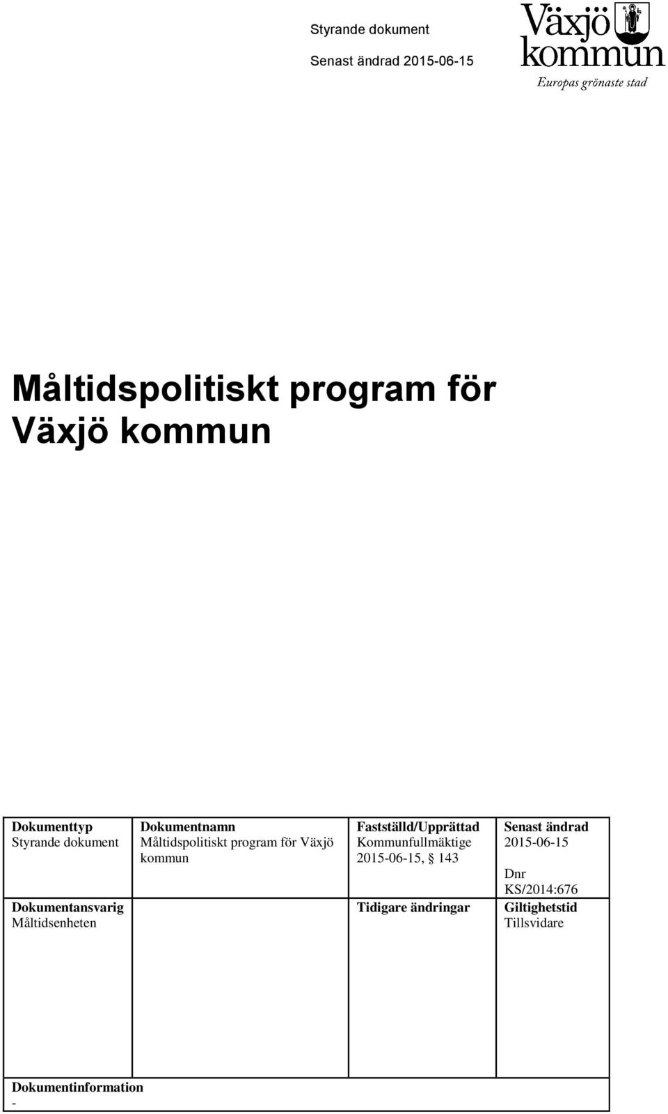 program för Växjö kommun Fastställd/Upprättad Kommunfullmäktige 2015-06-15, 143 Tidigare