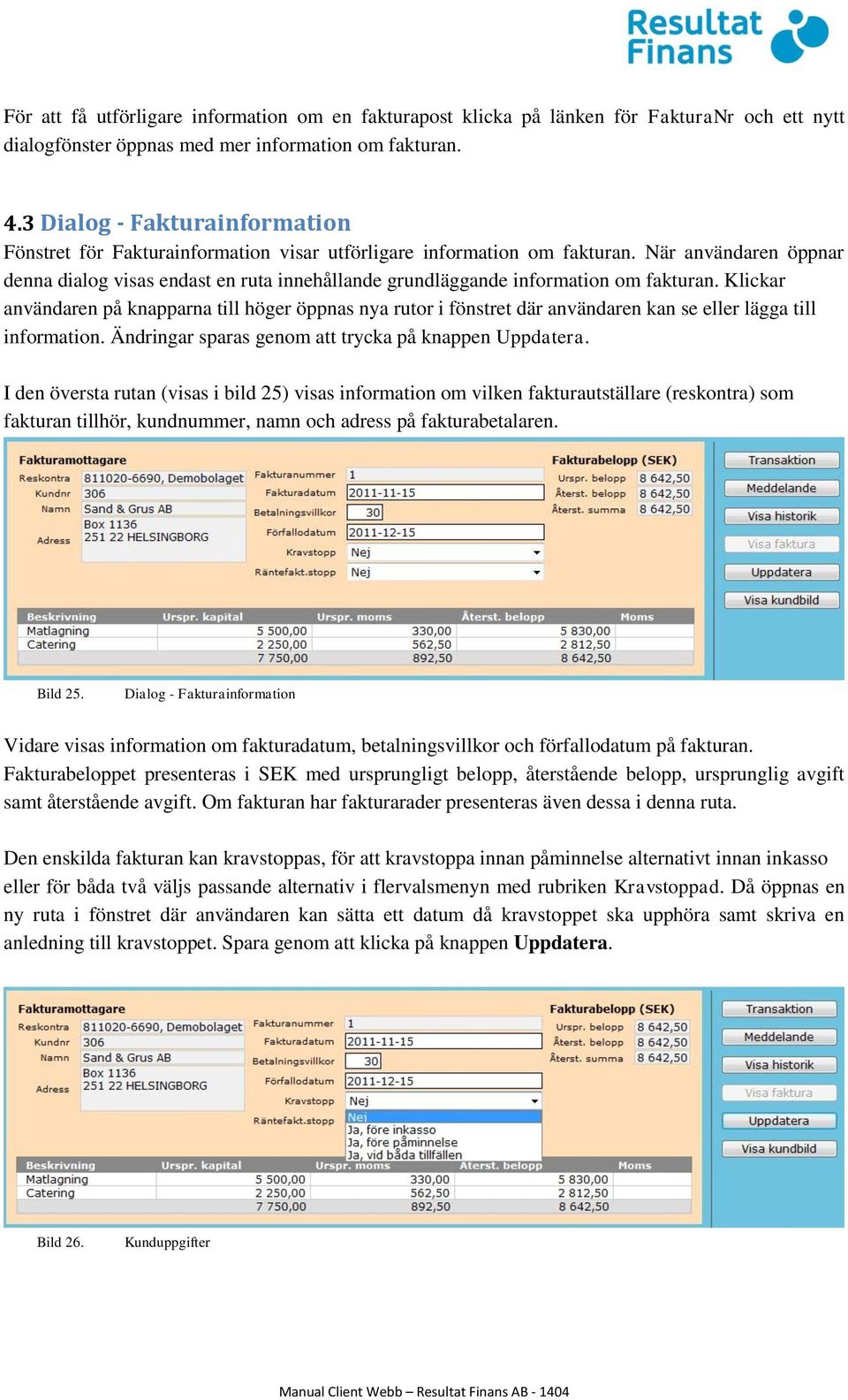 När användaren öppnar denna dialog visas endast en ruta innehållande grundläggande information om fakturan.