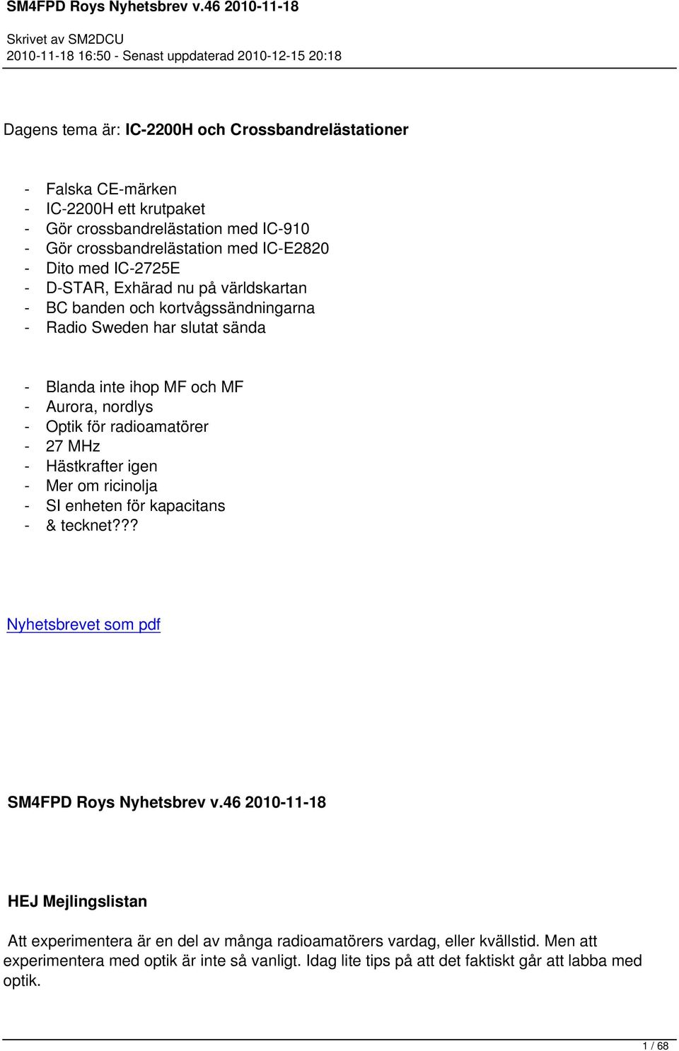 radioamatörer - 27 MHz - Hästkrafter igen - Mer om ricinolja - SI enheten för kapacitans - & tecknet??? Nyhetsbrevet som pdf SM4FPD Roys Nyhetsbrev v.