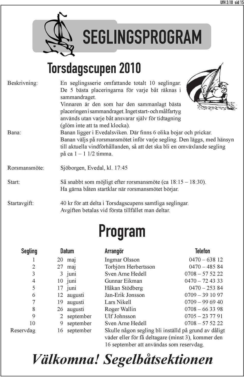 Banan ligger i Evedalsviken. Där finns 6 olika bojar och prickar. Banan väljs på rorsmansmötet inför varje segling.